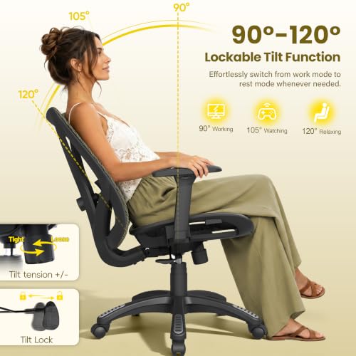 Image of Ergonomic Office Chair, Mesh Computer Desk Chairs with Adjustable Lumbar Support, 3D Armrests, Tilt Function, Comfy Wide Seat, Swivel Executive Work Task Chair for Company and Home