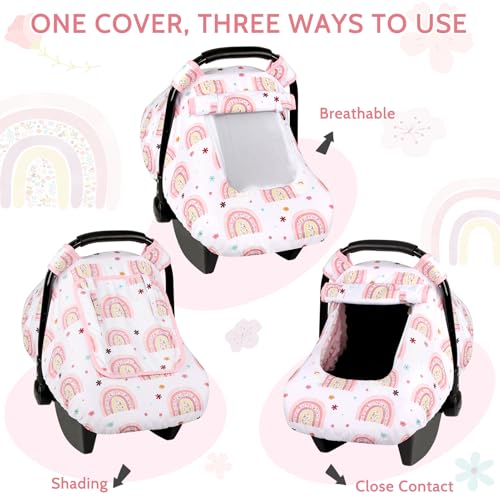 Image of Pea Pod Car Seat Cover Baby, Infant Car Seat Canopy Covers with 2 Layers Windows of Breathable Mesh Fabric, Lightweight Polyester, Soft Minky Dot Backing (Rainbow & Floral Pattern)