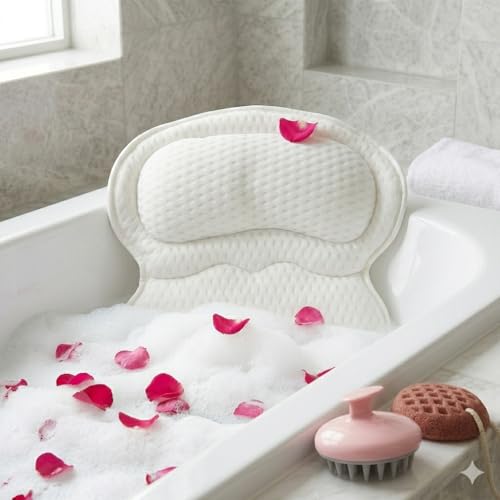 Bath Pillows for Tub, Bathtub Pillow Gift Set: 4D Air Mesh Cushion for Head & Neck, Spa Relaxing Accessories, Plus Bath Sponge & Scalp Massage Brush, Gift Bag for Woman, by CLUB CONNEXION