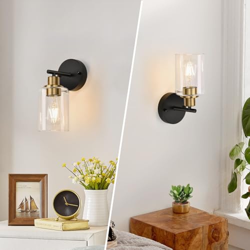 Image of Zarbitta Set of 2 Wall Sconces for Bathroom, Black and Gold Modern Vanity Lights with Clear Glass Shade,Bathroom Wall Lamp for Mirror Kitchen Living Room Hallway Cabinet Porch