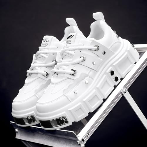 White Unisex Thick-Soled Trainers - Avant-Garde Chunky Sneakers with Punk-Inspired Metal Stud Accents - Perfect for Skateboarding, Parties & Everyday Wear2