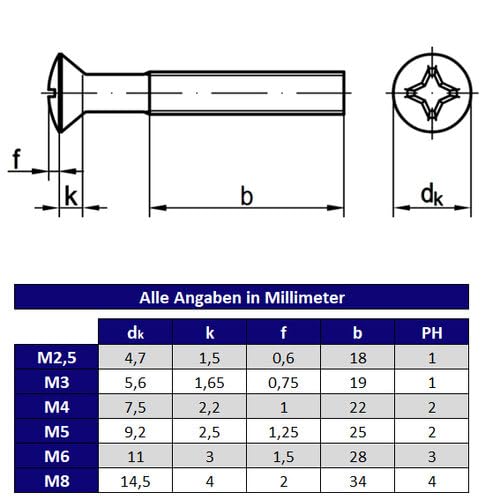 Linsensenkschraube mit Kreuz PH - DIN 966 / ISO 7047 - Stahl verzinkt (M5 x 20, 1000 Stück)