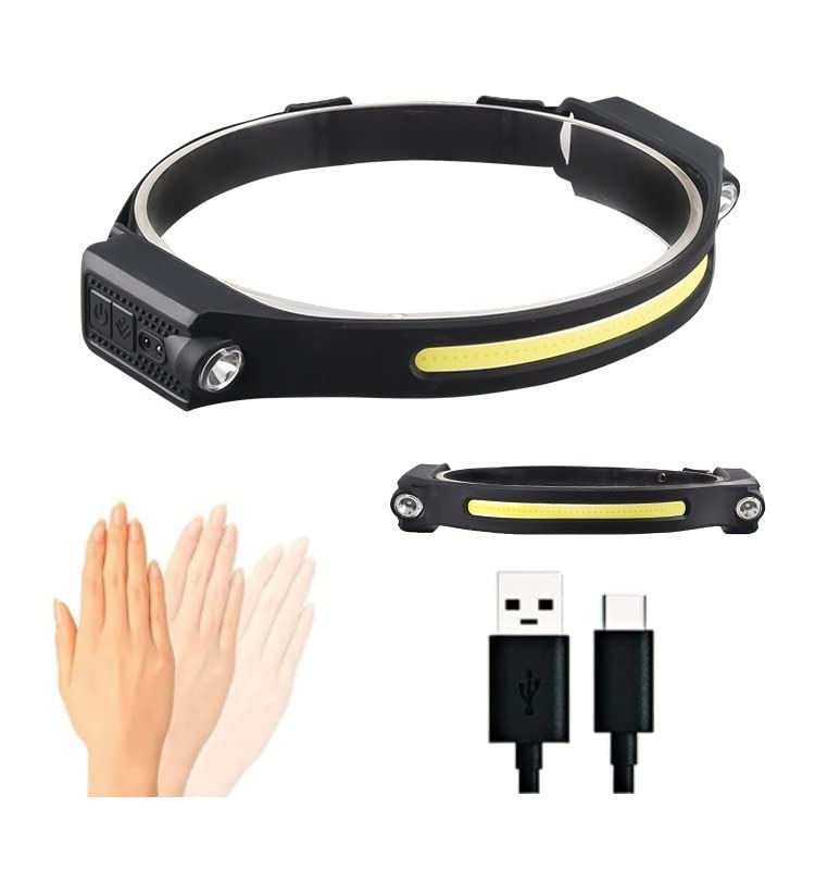 Headlamp LED Rechargeable, Flashlight Head Lamps, 2 Light Source of COB 230° Wide Beam and XPE*2, 5 Modes Waterproof Head Light with Motion Sensor for Outdoor Runningm Camping, Hiking, Fishing