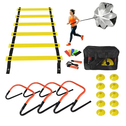 ASENVER Soccer Training Equipment Set, Multifunctional Football Gear with 4 Adjustable Hurdles 9.8 feet 6 Rungs Agility Speed Ladder (Orange)