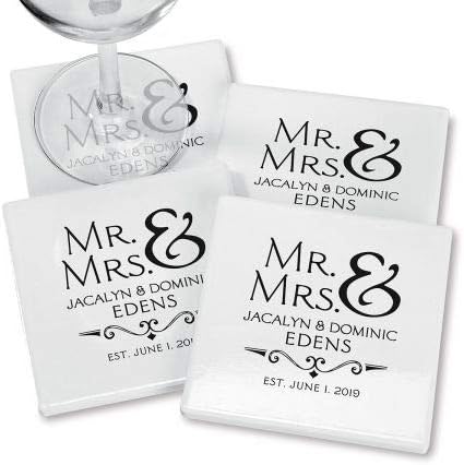 Mr. & Mrs. Personalized Ceramic Coasters - 4 by 4 Inch Square Ceramic Tiles With Cork Backing (Set of 4)