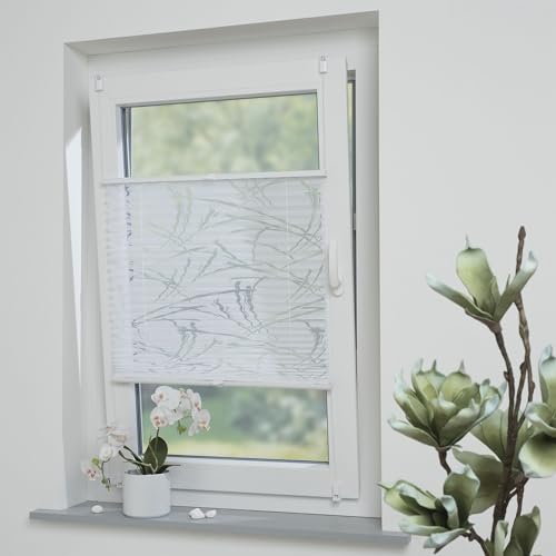 Plissee mit ausgebranntem Motiv Lines, halbtransparent, ohne Bohren oder Schrauben, inkl. Klemmträger, Breite: 60 cm/Länge: 130 cm, Farbe: weiß