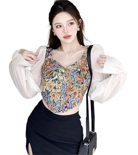 Image of ICW Women French Style Retro Vintage Lace-Up Floral Jacquard Square Neck Smock Puff Sleeve Ruffled Crop Blouse Corset Top Dn29
