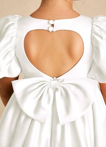 Satin Flower Girl Dress Backless Princess Pageant Junior Bridesmaid Dresses Puff Sleeves Birthday Gowns with Bow4