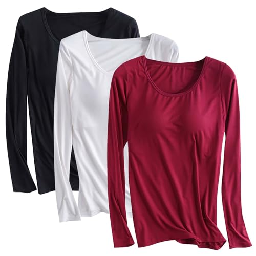 Lot de 3 t-shirts en modal avec soutien-gorge intégré pour femme – Chemise rembourrée à manches longues – Haut de yoga doux confortable – Vêtements de sport décontractés – Vêtements de nuit – Chemise