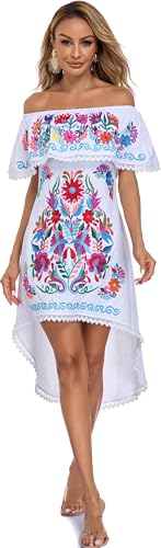 Image of YZXDORWJ Women's Mexican Asymmetrical Dress Embroidered Floral Off-Shoulder Cocktail Latina Fiesta Dress