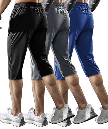 Men's Capri Pants 3/4 Joggers Gym/Workout/Hiking Below Knee Long Shorts Lightweight Quick Dry with Zipper Pockets2