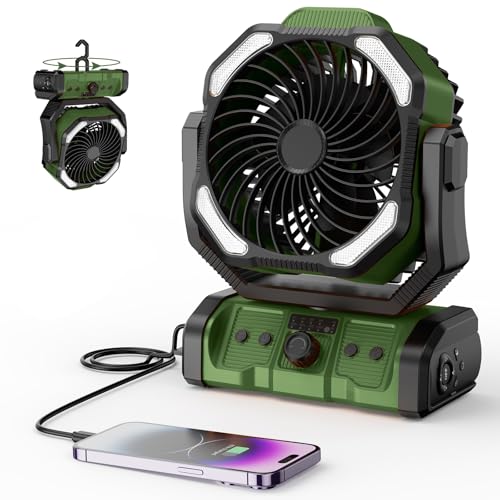 CAMPERFECT Camping Fan Rechargeable, 20000mAh Battery Powered Portable Fan with LED Light & Hanging Hook, 4 Speeds Quiet Outdoor Fans for Tent, Travel, Emergency, BBQ, and Home Use (Green)