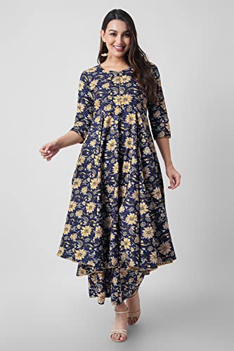 Image of Arayna Women's Cotton Printed Anarkali Kurti with Palazzo Pants Set