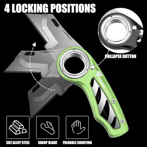 Image of Tondiamo 4 Pcs Folding Pocket Utility Knife Heavy Duty Box Cutter Folding Razor Knife with Anti Slip Finger Loop Easy Change Blades 3 Lock Positions Design (Yellow,Red,Black,Green)