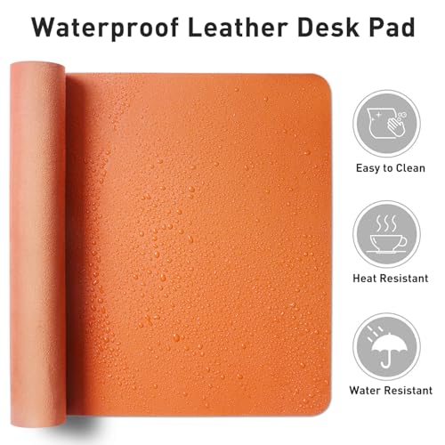 Image of Leather Desk Pad Protector,Mouse Pad,Office Desk Mat, Non-Slip PU Leather Desk Blotter,Laptop Desk Pad,Waterproof Desk Writing Pad for Office and Home (36 inch x 17 inch, Hermes Orange)