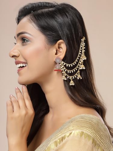 Image of Sukkhi Classical Traditional 18k Gold Plated with Brass Metal & Pearls Studded Jhumka /Jhumki Multi Layer Ear Kan Chain Earring Jewellery for Women & Girls|Bahubali Inspired Long Chain