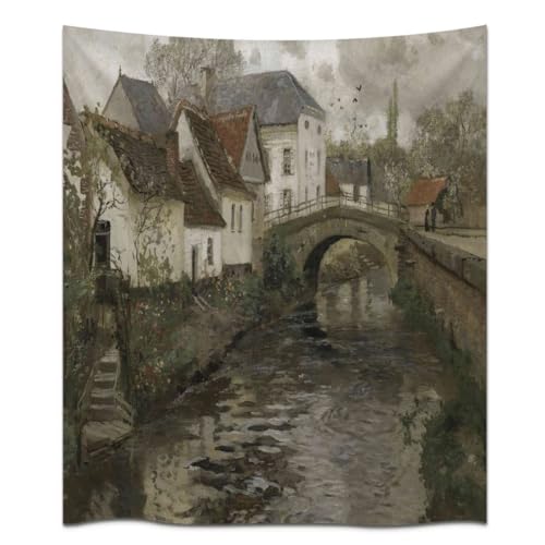 Vintage European Riverside Village Bridge Painting Tapestry Rustic Farmhouse Style