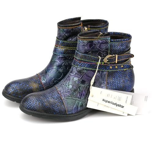 Superladystar's Genuine Leather Handmade Women's Flat Shoes, handmade dragonfly embossed, Vintage Style, Wide, Comfortable2