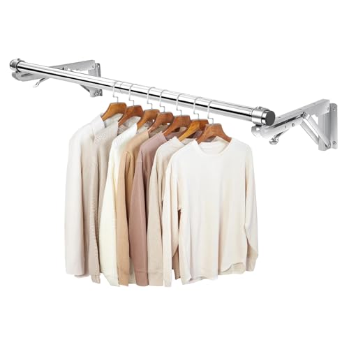 Foldable Wall Mounted Clothes Rack-30'' Long Rod&2 Thick Bases,Stainless Steel,Multi-Purpose for Space-Saving Garment Rack/Clothes Drying Rack/Clothes Hanger,Detachable and Top Shelf Room Reserved