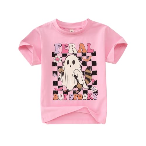 CM C&M WODRO Toddler Girl Halloween T-Shirt Feral But Spooky Shirt Short Sleeve Funny Kids Raccoon Ghost Graphic Tee Tops