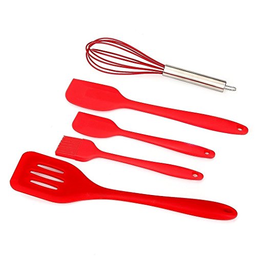 Leasonion 5-Piece Silicone Kitchen Baking Utensil Set Non-Stick Cooking Accessories for Baking Slotted Spatula Large Spatula Small Spatula Basting Brush WhiskRed