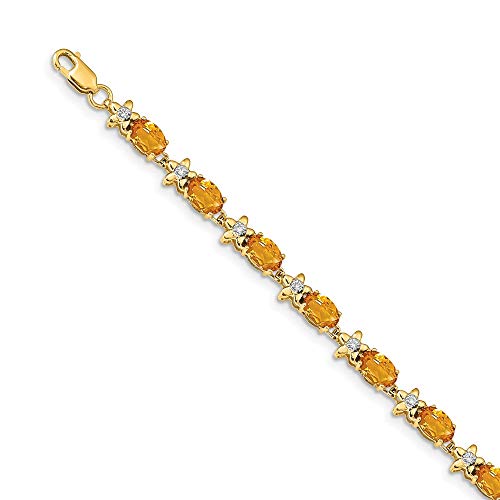 Solid 14K Yellow Gold Flower Floral Diamond/Citrine Yellow November Gemstone Bracelet - With Secure Lobster Lock Clasp 7" (Width = 4Mm) (.112 Cttw.) #TOP8