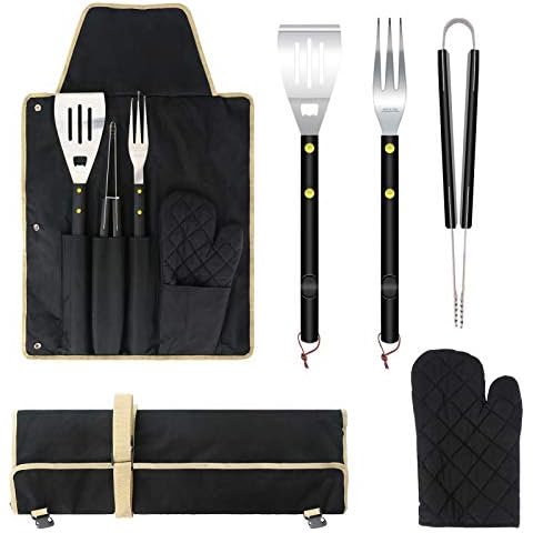 5PCS BBQ Grill Tools Set, 18"-20" Extra Longer Stainless Steel Grill Accessories with Wooden Handles, Griddle Accessories Kit for Men Women Camping Backyard Barbecue with Fork Tong Apron Carry Case Cover