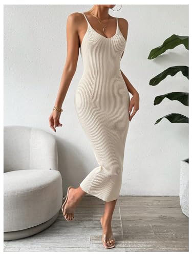 Image of GORGLITTER Women's Ribbed Knit Sweater Dress Backless V Neck Sleeveless Bodycon Midi Dresses