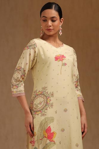 Image of Soch Womens Linen Floral Print Kurta with Beads