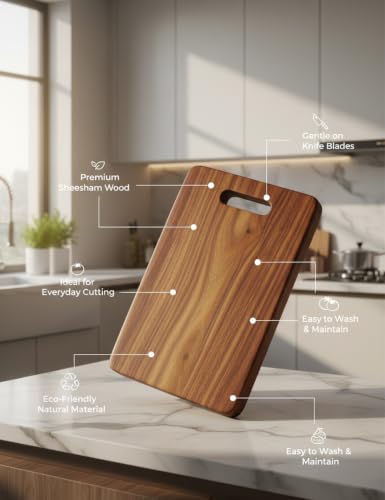 Image of Sheesham Wood Chopping Board for Kitchen, Wooden Cutting Board for Vegetables, Fruits & Meat, Thick Hardwood Serving Board- M