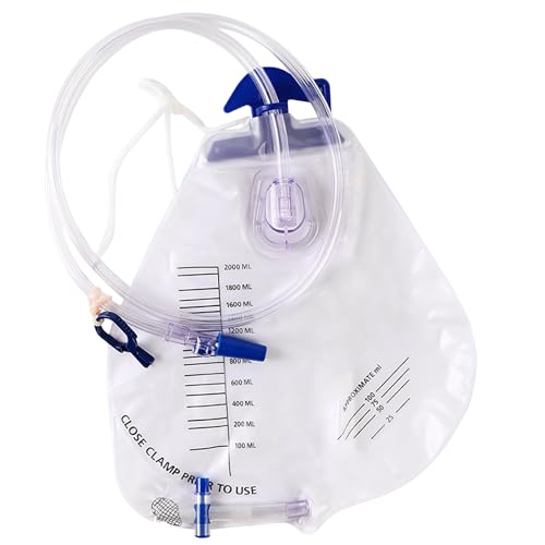 Sacca di drenaggio delle urine, 2000 ml con valvola anti-reflusso, drenaggio da 121,9 cm, clip e gancio per appendere (1 confezione)