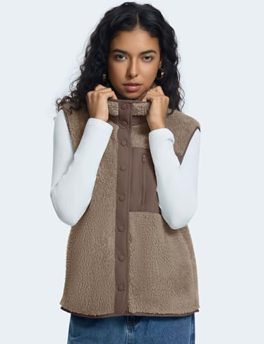 Kistore Weste Damen Stehkragen Teddyjacke Damen Lässige Mode Jacke Damen Herbst Einfarbig Reißverschluss Casual Mantel(Khaki,S)