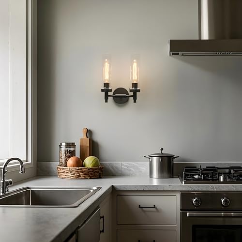 Image of Phansthy Rustic Industrial Wall Sconce Light with Tubular Clear Glass Lampshade (Double Sconce)