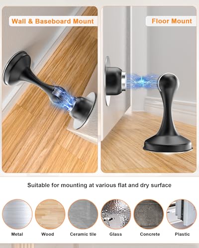 Image of Crosize Magnetic Door Stoppers 6 Pack, Stainless Steel Door Stops for Wall and Floor Mounting, Door Holder Keep Door Open, No Drilling Door Stop with 3D Adhesive Tapes, Black