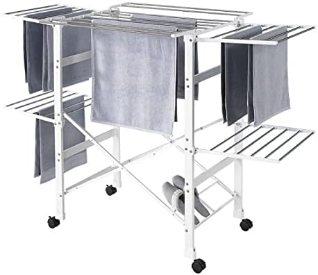 Movable Drying Rack, Foldable Drying Rack, Clothes Drying Rack, Drying Rack, Space Saving Stainless Steel 3 Tier Laundry Drying Rack with 2 Adjustable Side Wings for Indoor Outdoor,White