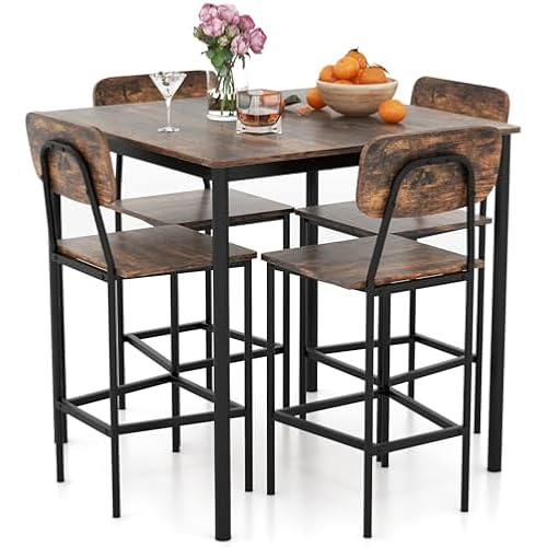 Giantex 5-Piece Dining Table Set W/Counter Height Table & 4 Bar Stools, Industrial Kitchen Dining Set W/Footrest & Backrest, Space-Saving Dinette Set for Pub, Dining Room, Restaurant (Mix Brown)