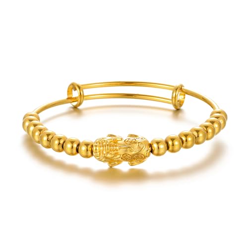 Ethlyn Claissic Jewelry Gold Plated Adjustable Beads Pixiu Bangle Bracelet Daily Versatile Accessory