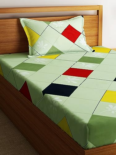 Image of Home Sizzler 210TC Colorful Geometry Red & Green Double Bedsheet with 1 Pillow Cover