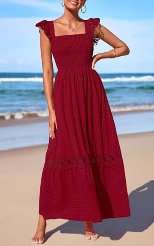 Image of PRETTYGARDEN Women's Smocked Summer Maxi Dresses 2026 Ruffle Cap Sleeve Square Neck Lace Detail Flowy Sundress with Pockets