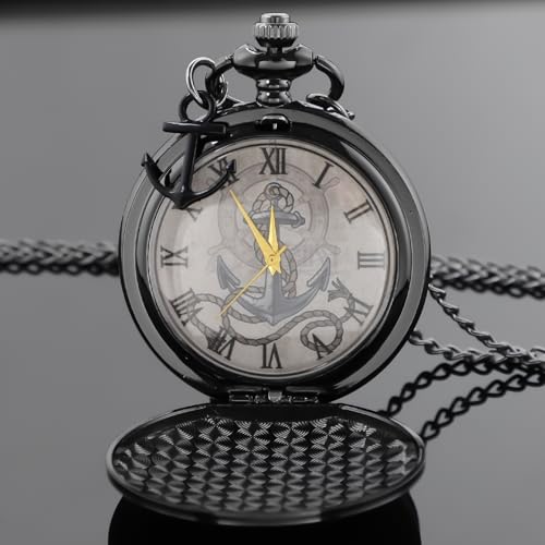 Image of Tiong Pocket Watch Anchor Pattern Design Roman Numerals Quartz with Chain Birthday Gifts