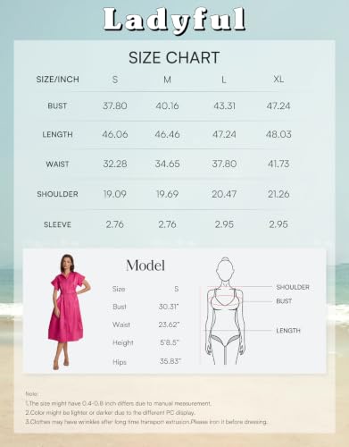 Image of Ladyful Women Casual Button Down Shirt Dress Short Wing Sleeve Buiness Midi Shirt Dress with Belt Elegant Dress