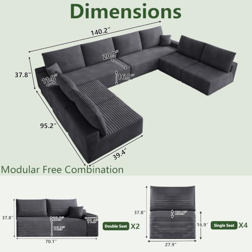 Image of Oversized Modular Sectional Sofa Couch,Large 8 Seater Corner Sofa Modern U Shaped Sectional Couch Cloud Couches for Living Room,Office,Spacious Space,Corduroy,No Assembly Required,Dark Grey