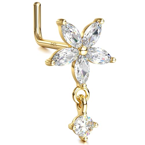 14K Real Gold Nose Stud - 18G Nose Stud L Shaped Nose Rings Dangle Nose Rings for Women CZ Opal Flower Sun Nose Piercings Gold Nose Jewelry for Women Men