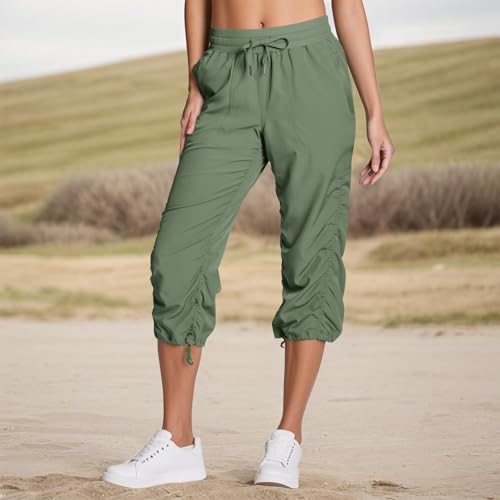 Quick Dry Pants Women Loose Drawstring High Waisted Hiking Cropped Pants with Pockets Pull On Capris for Summer2
