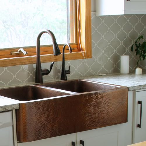 Sinkology Lange 32 Inch Farmhouse Copper Sink Handcrafted Hand-Hammered Solid Pure Copper Double Bowl Apron Front Farm Sink for Kitchen Remodel Fits 36-Inch Cabinet Sinkology Everyday Warranty