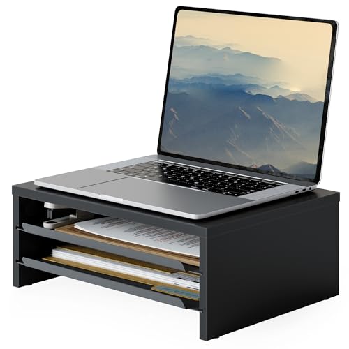 Image of Fenge 42.5Inch Corner Monitor Stand with Drawer, 3-Tier Monitor Riser with Slide-Out Tray