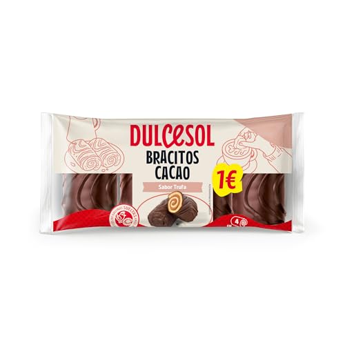 Dulcesol - Bracitos Cacao Sabor Trufa - Pastelitos Tiernos con Cobertura Intensa y Relleno Cremoso, Pack de 4 Unidades - Bolsa 140 g