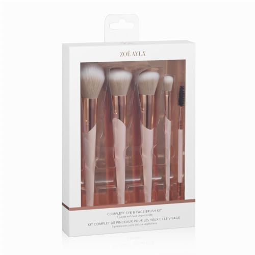 Zoë Ayla 5 Piece Basic Face Makeup Brush Set. Soft Vegan Makeup Brush Set - Foundation Brush, Loose Powder Setting Brush, Angled Blush Brush, Eyeshadow Blending Brush Professional Makeup Brushes Kit