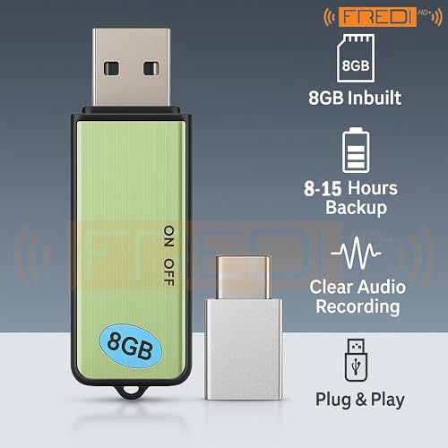 Image of FREDI HD PLUS USB Voice Recorder 8GB Inbuilt Memory | Clear HD Audio Recording Pen Drive | One-Touch Start | OTG Support for Mobile Playback | Portable Digital Recorder for Classes, Office & Meetings
