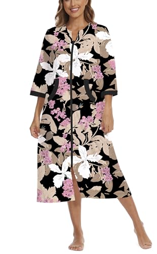 Image of Zipper Robes for Women 3 /4 Sleeve Housecoats Long Lightweight Bathrobe House Dress with Pockets
